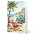 Christmas Card Mockup - Beach Santa enjoys a drink undereath a Christmas palm tree