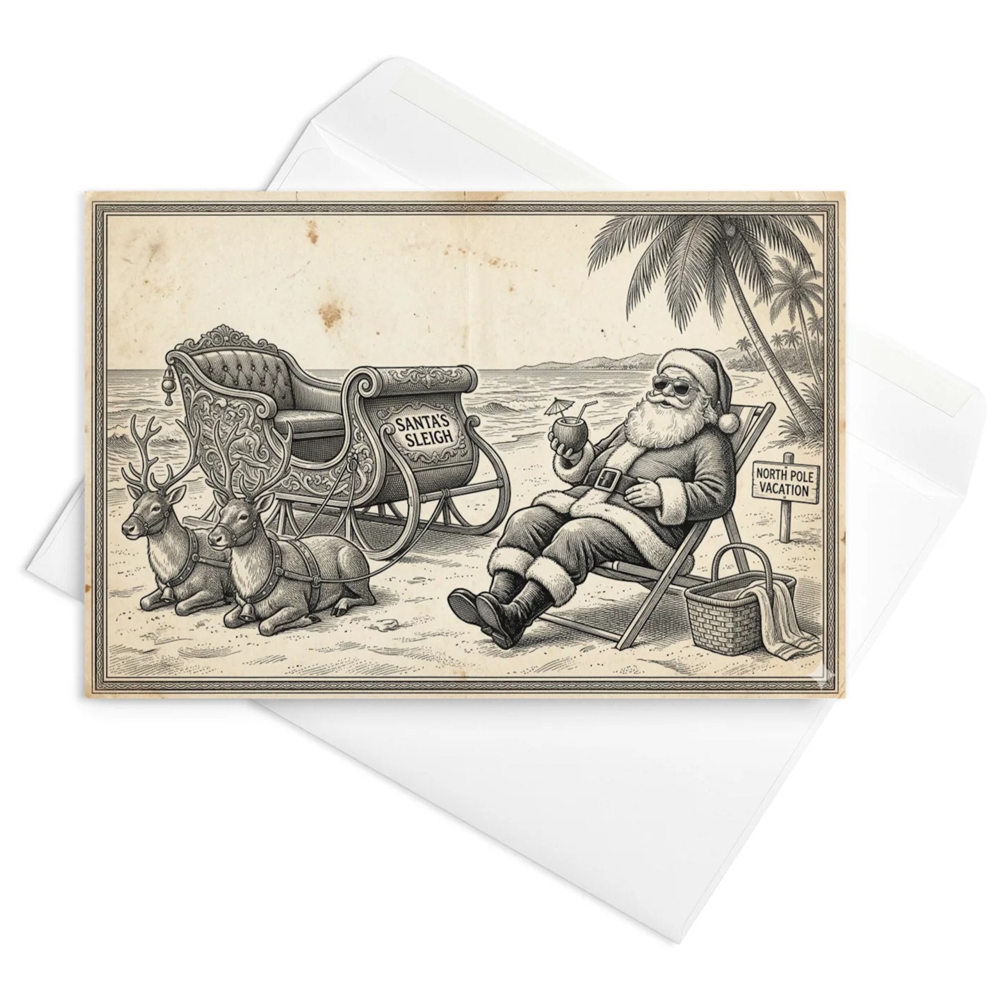 Christmas Card - Old Timey Santa with Sleigh at the Beach