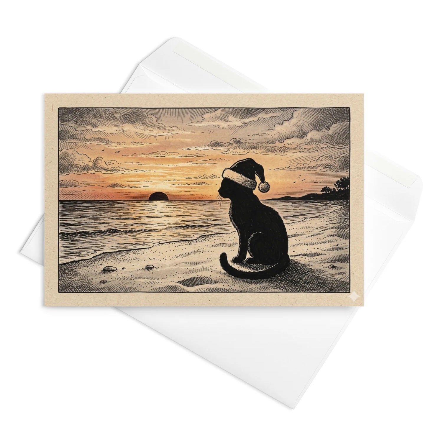 Christmas Care - Cat in Santa hat Contemplates Beach Sunset