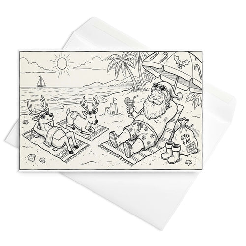 Christmas Card - Chilling at the Beach with Santa and Reindeer