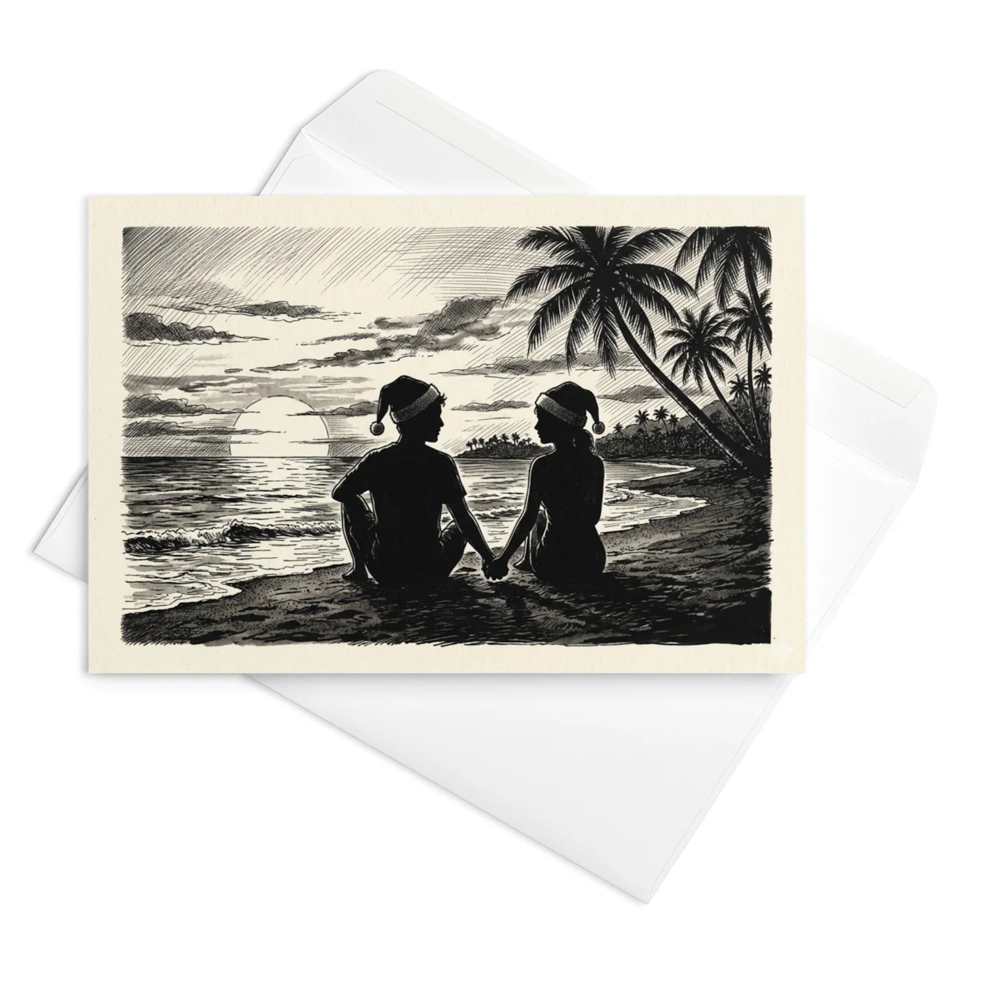 Christmas Card - Couple in Santa Hats Beach Sunset