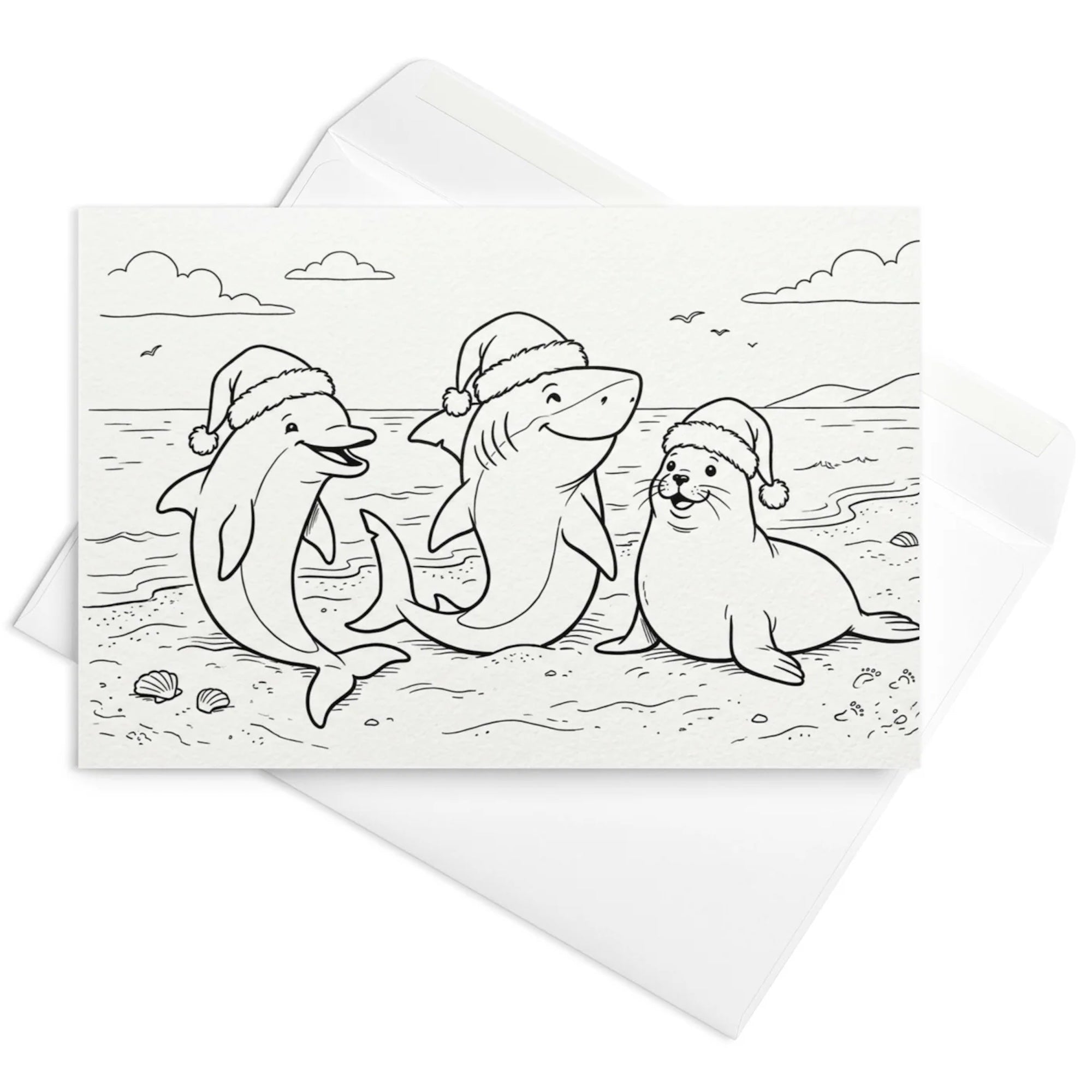 Christmas Card - Happy Dolphin, Shark and Sea Lion in Santa Hats