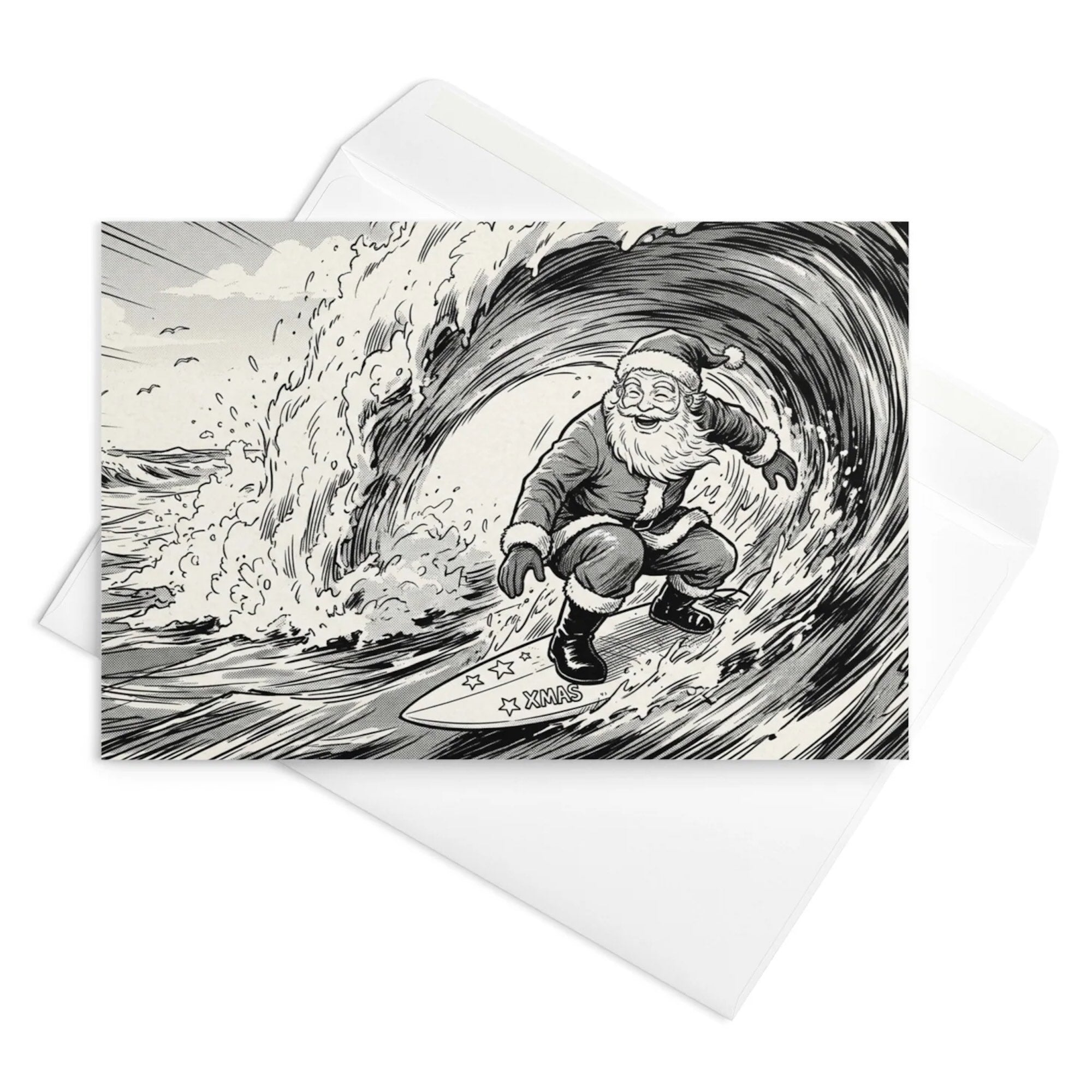 Christmas Card - Happy Santa Surfs a Gnarly Wave