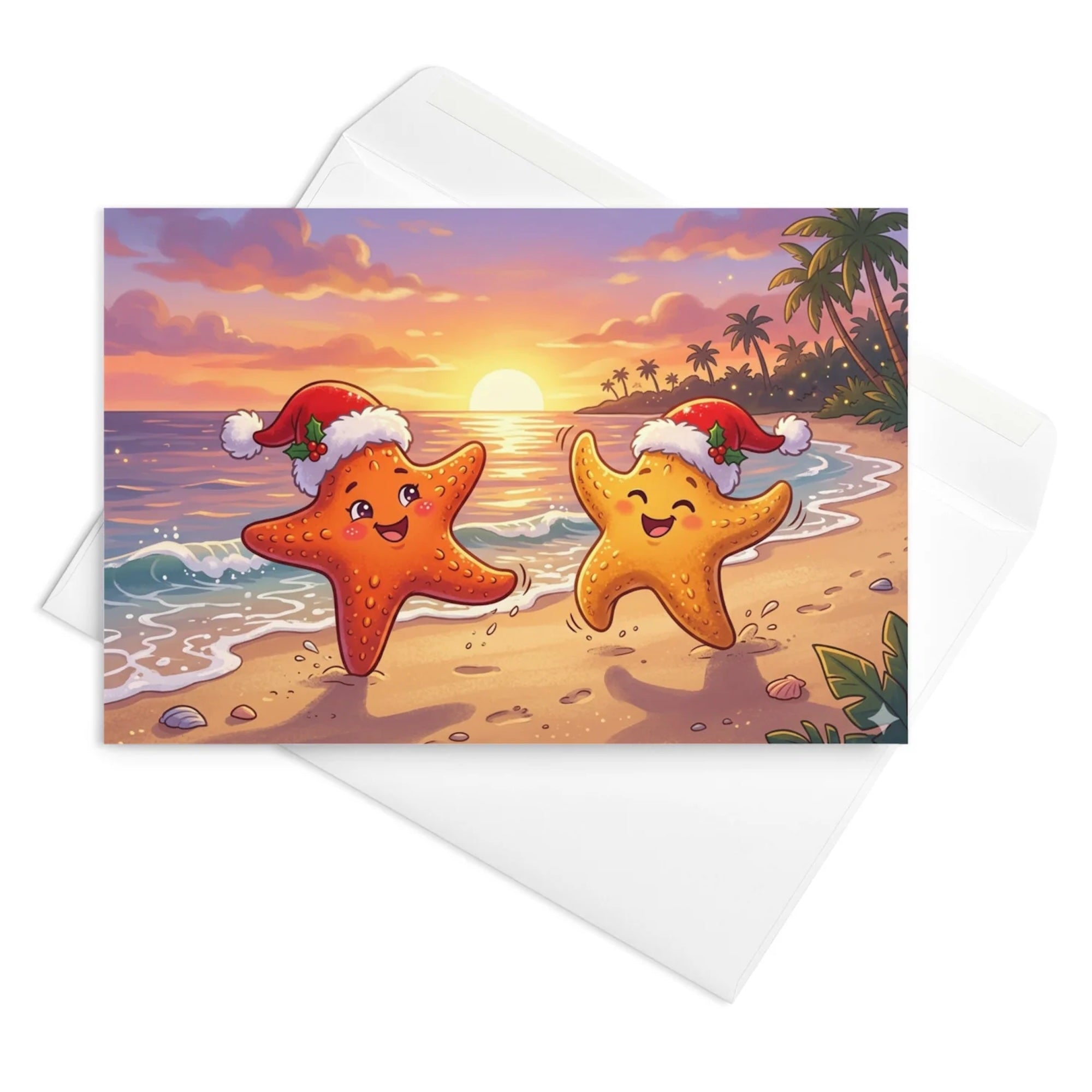 Christmas Card - Happy Starfish in Santa Hats