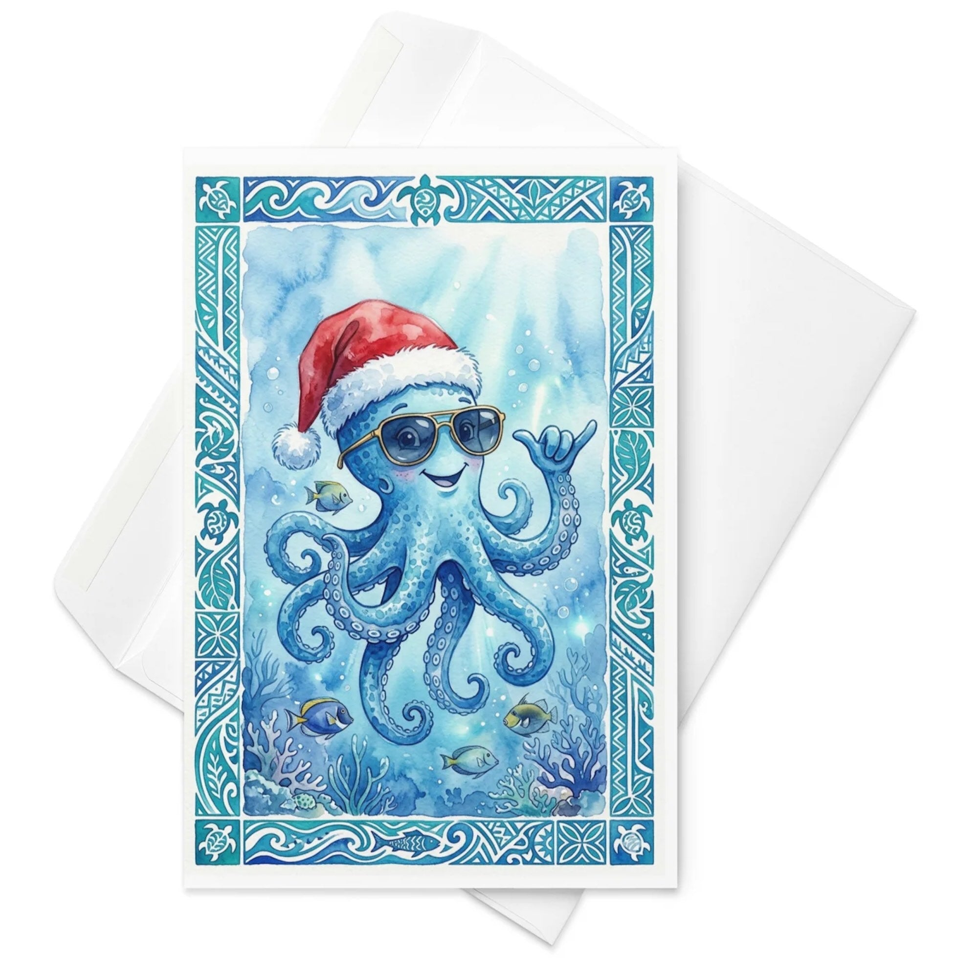 Christmas Card - Mahalo Octopus in Santa Hat