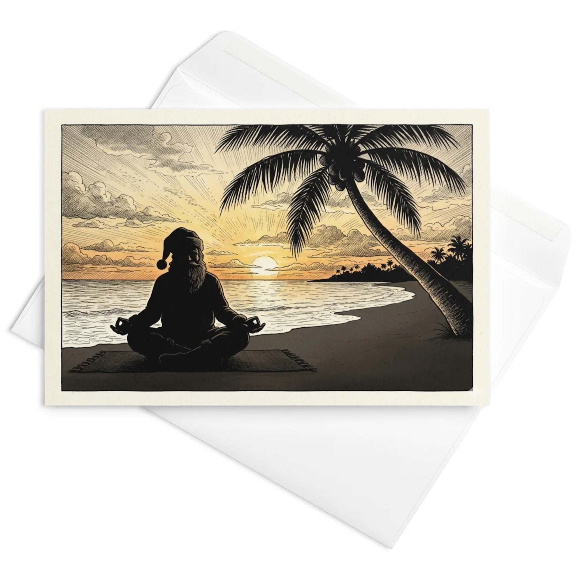 Christmas Card - Meditating Santa Claus at the Beach at Sunset