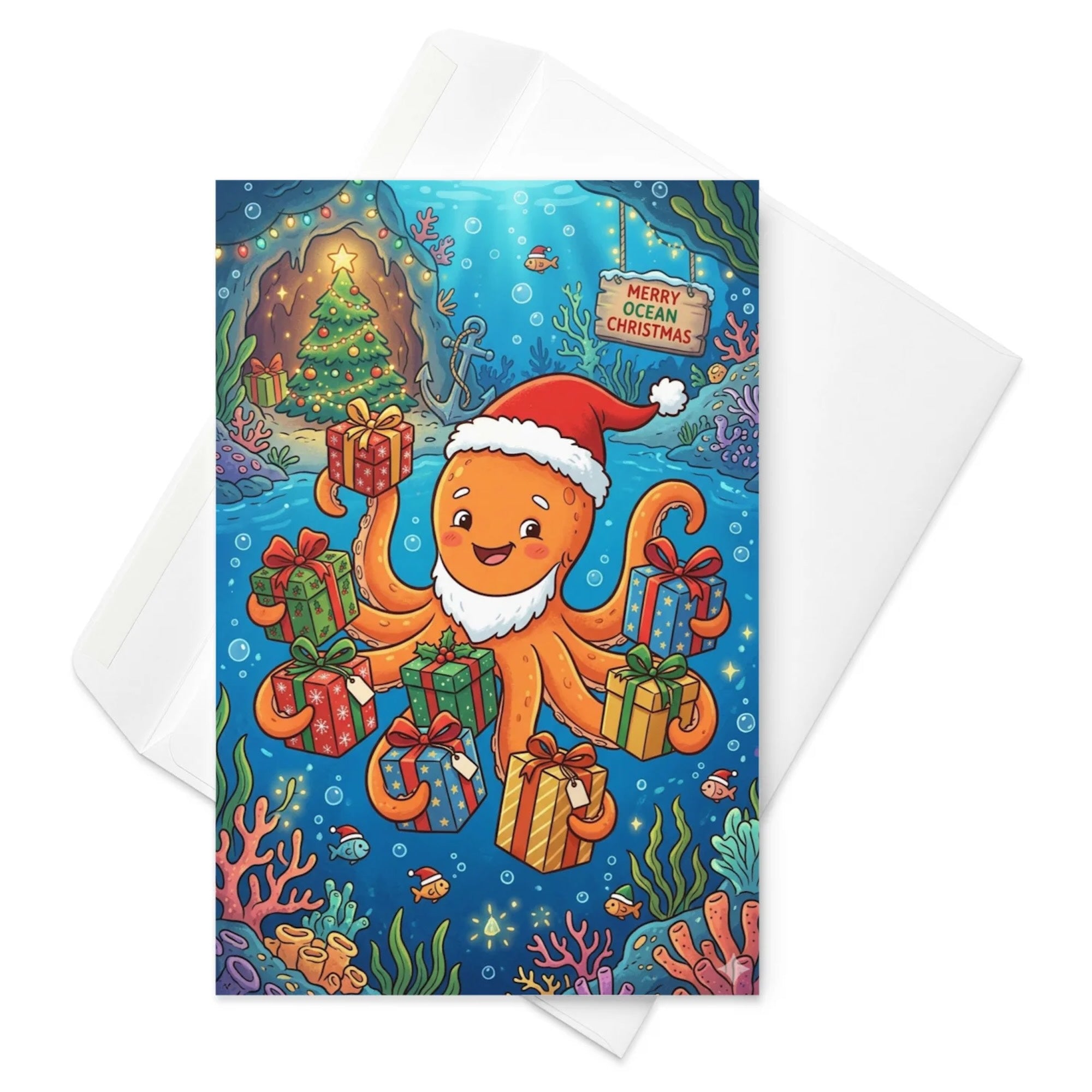 Christmas Card - Octopus with 8 Christmas Presents
