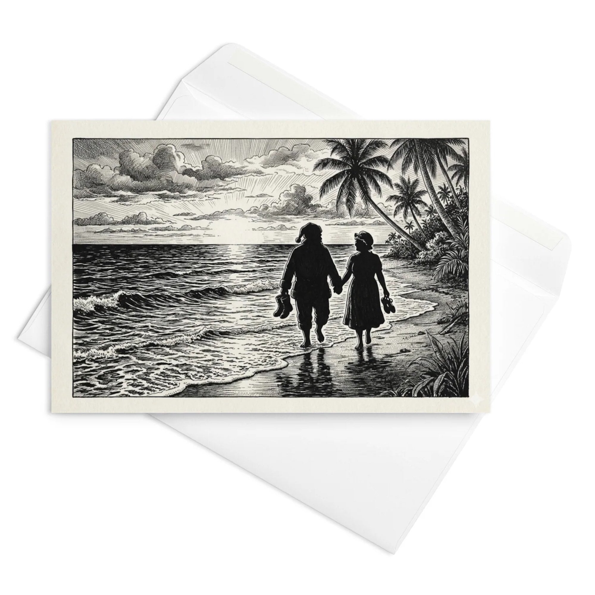
Christmas Card - Romantic Beach Sunset with Santa and Mrs Claus
