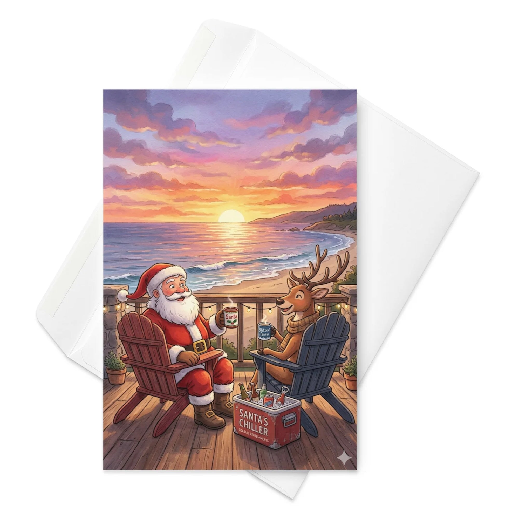 Christmas Card - Santa and Reindeer Enjoy a Drink at Beach