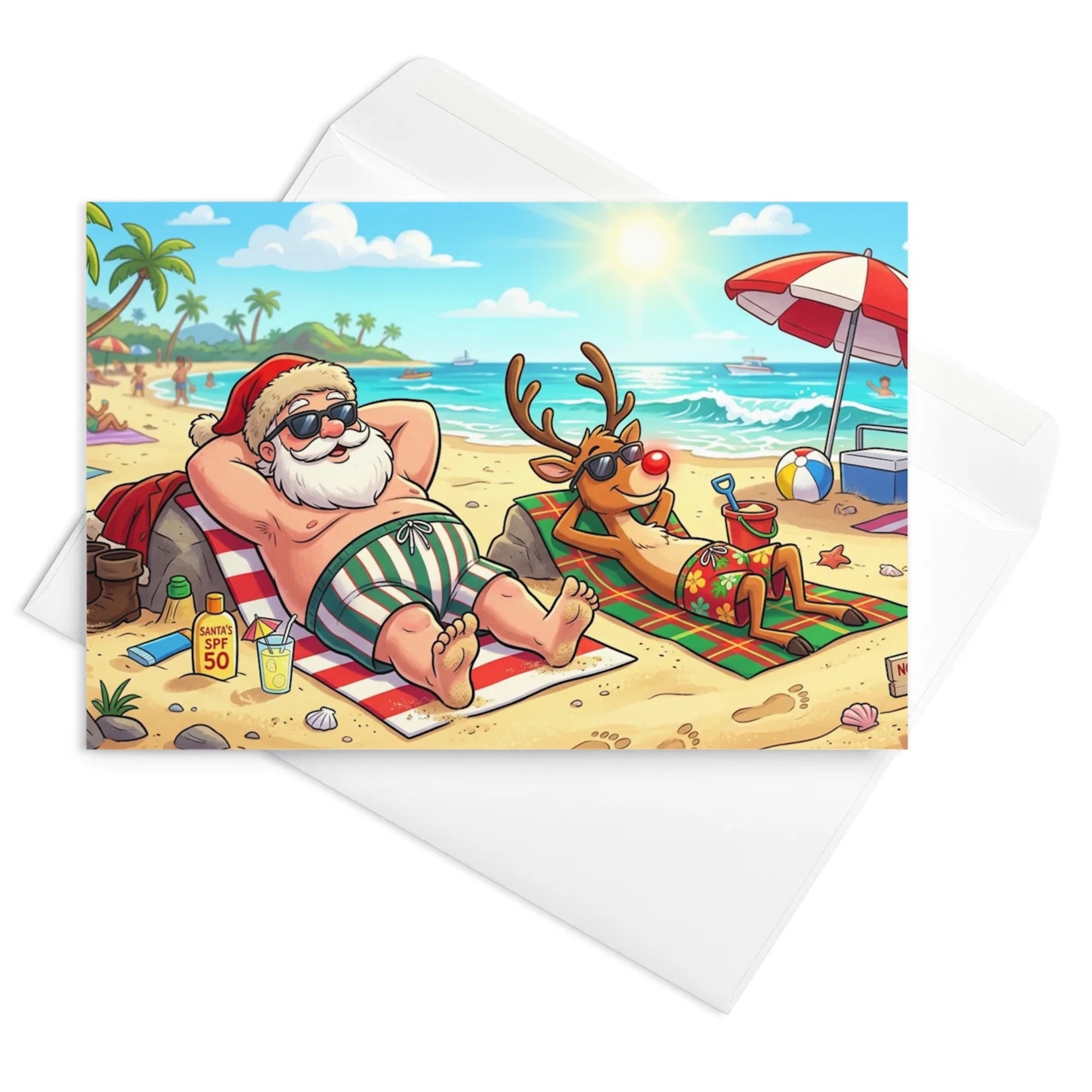 Christmas Card - Santa and Rudolph Tan at Beach