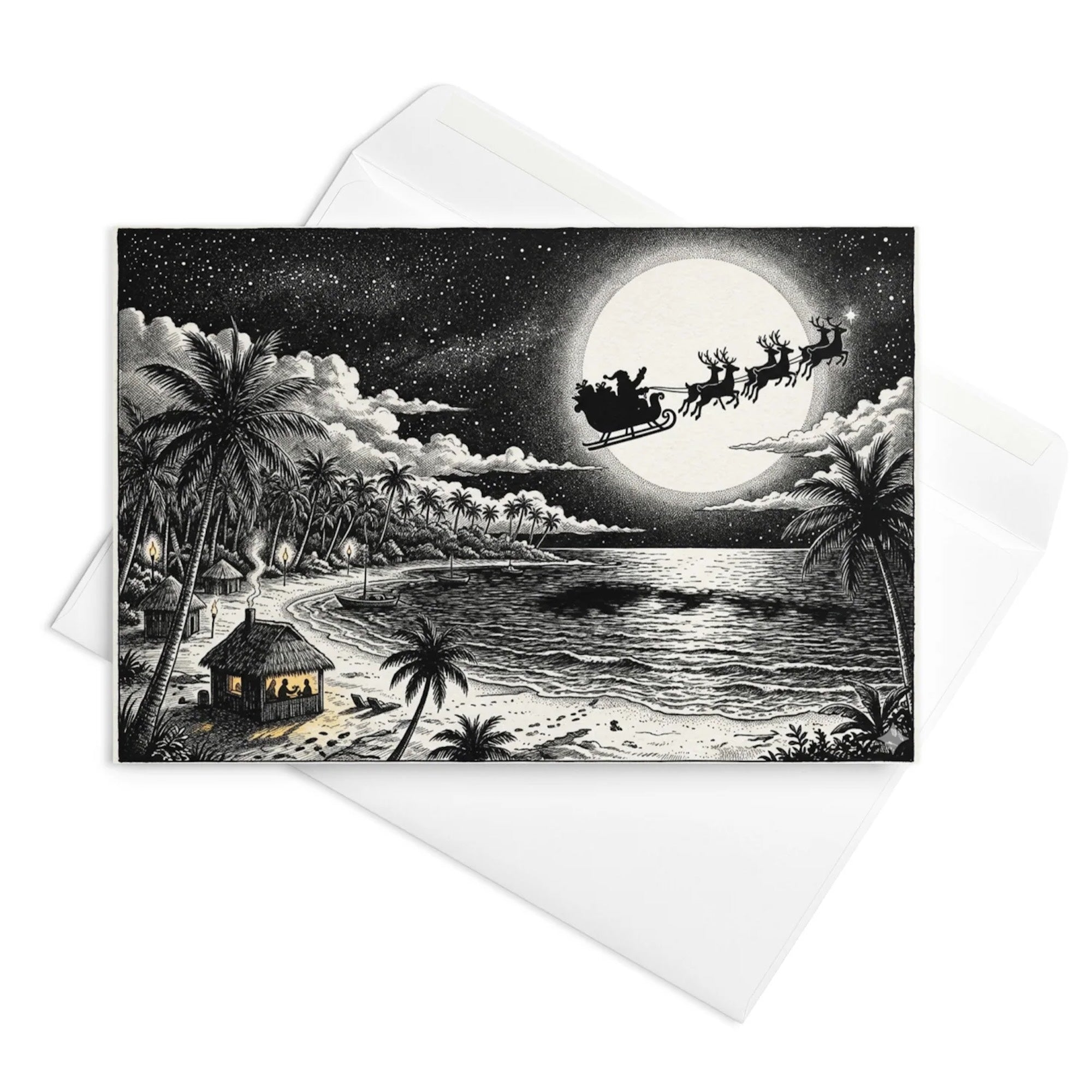 Christmas Card - Santa Rides from the Beach in Moonlight