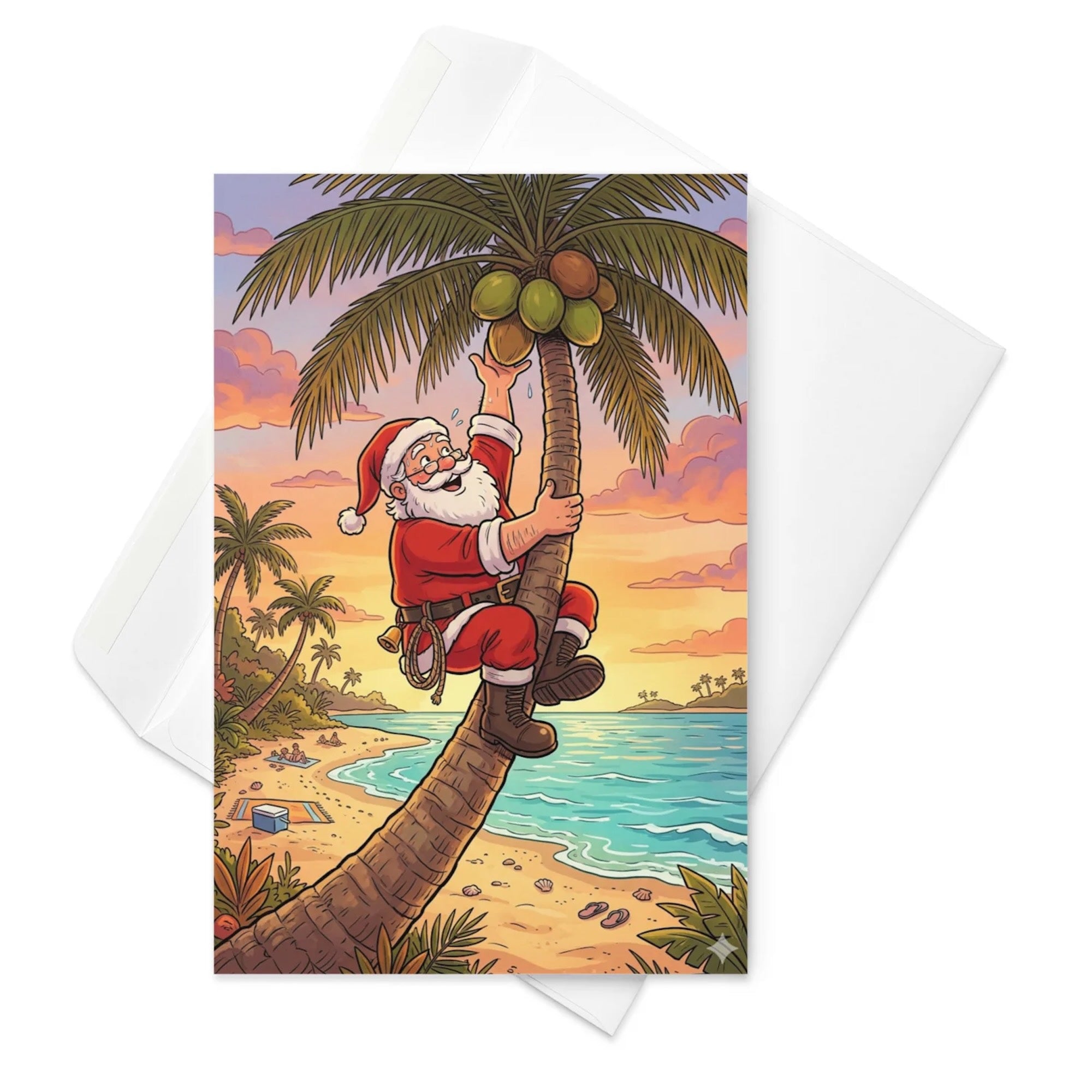 Christmas Card - Santa Scales a Palm Tree at the Beach