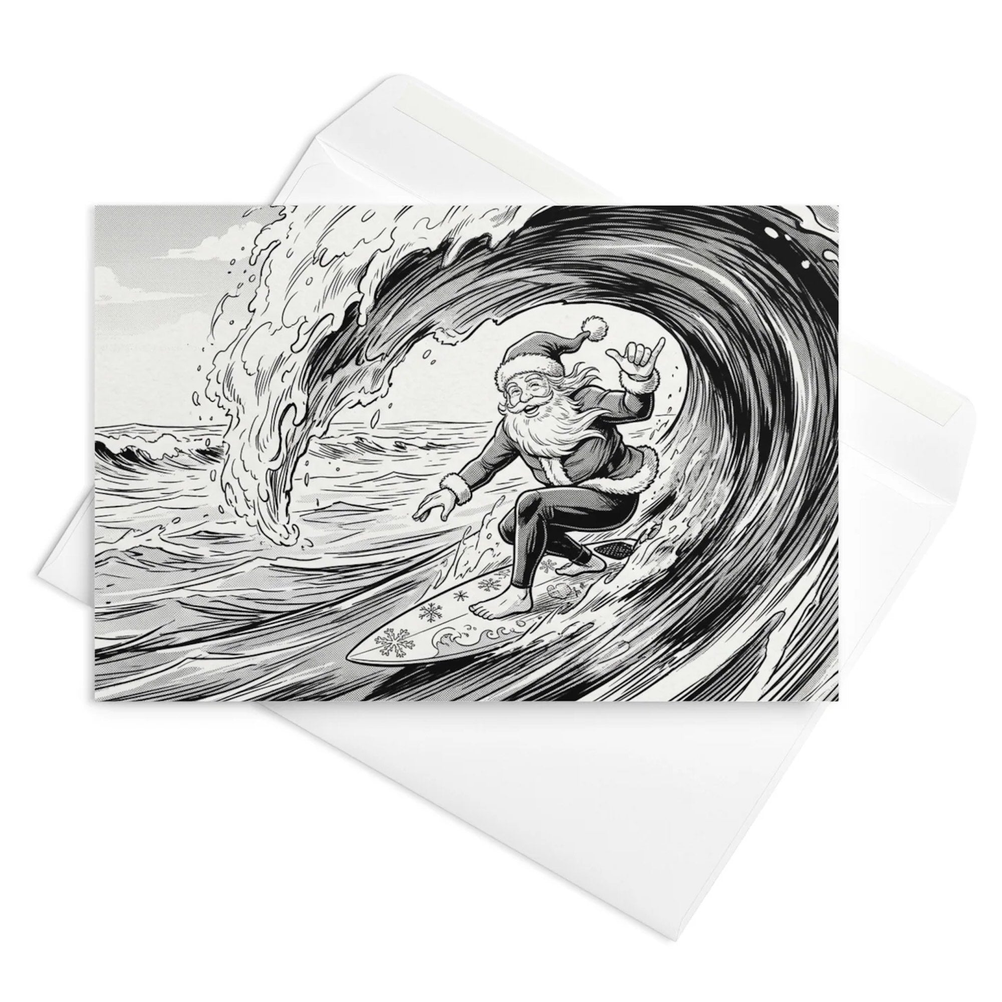 Christmas Card - Santa Surfs a Barrel Wave