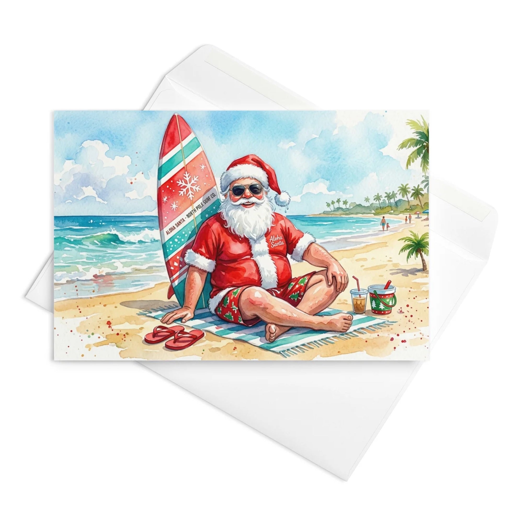 Christmas Card - Santa Takes a Break from Surfing