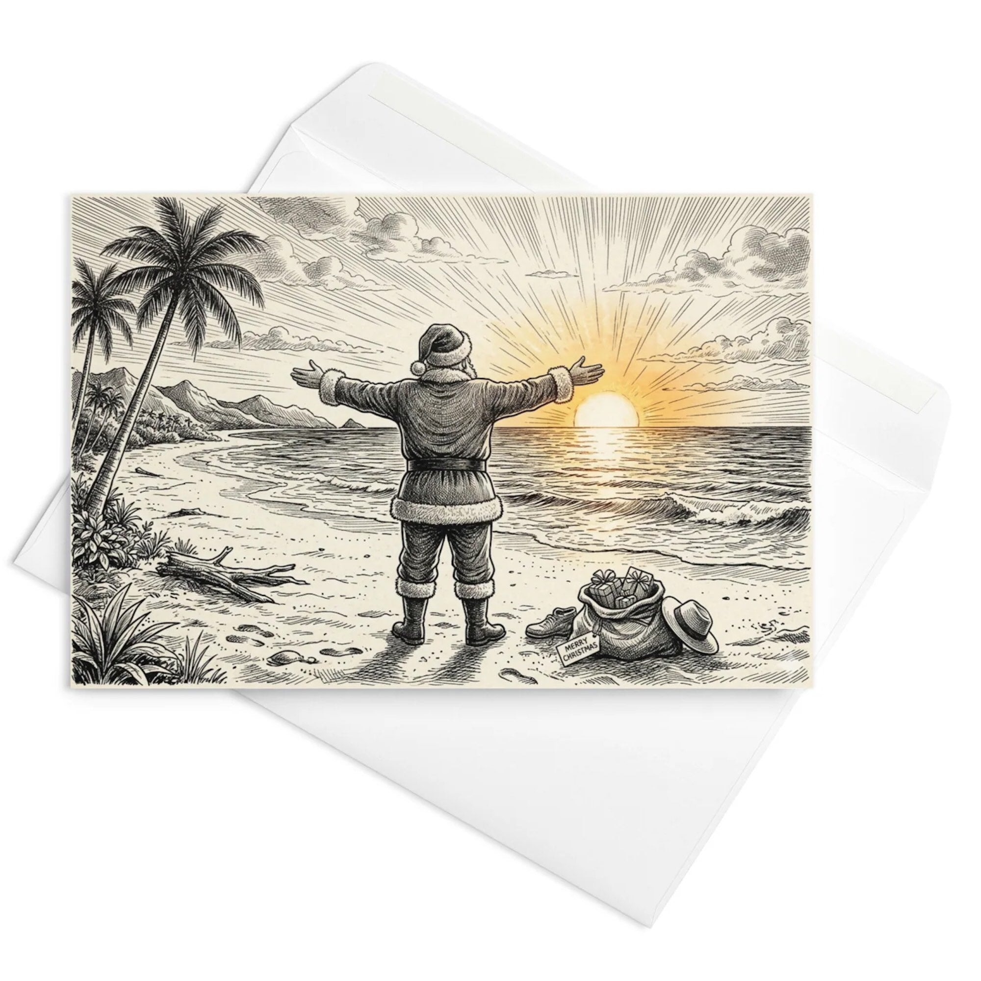 Christmas Card - Santa Welcomes a Beach Sunrise on the 26th