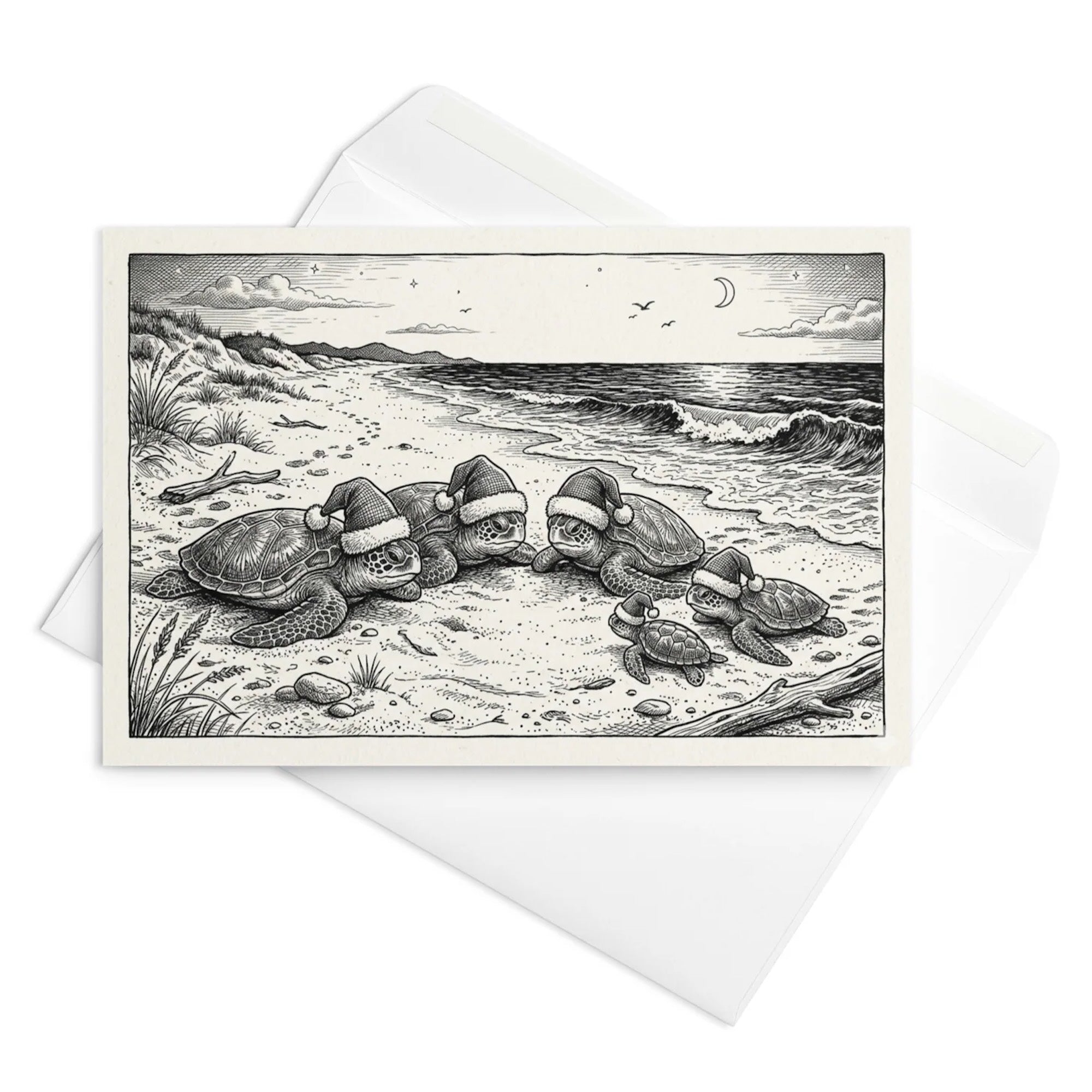 Christmas Card - Sea Turtles in Santa Hats on the Beach