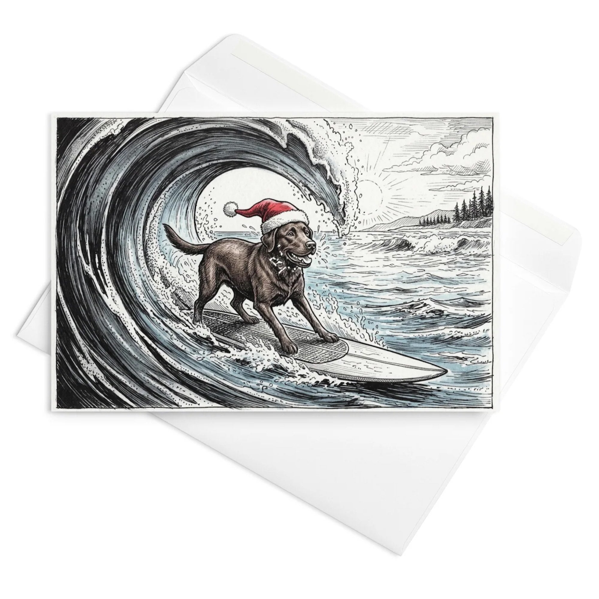 Christmas Card - Surf Dog in Santa Hat