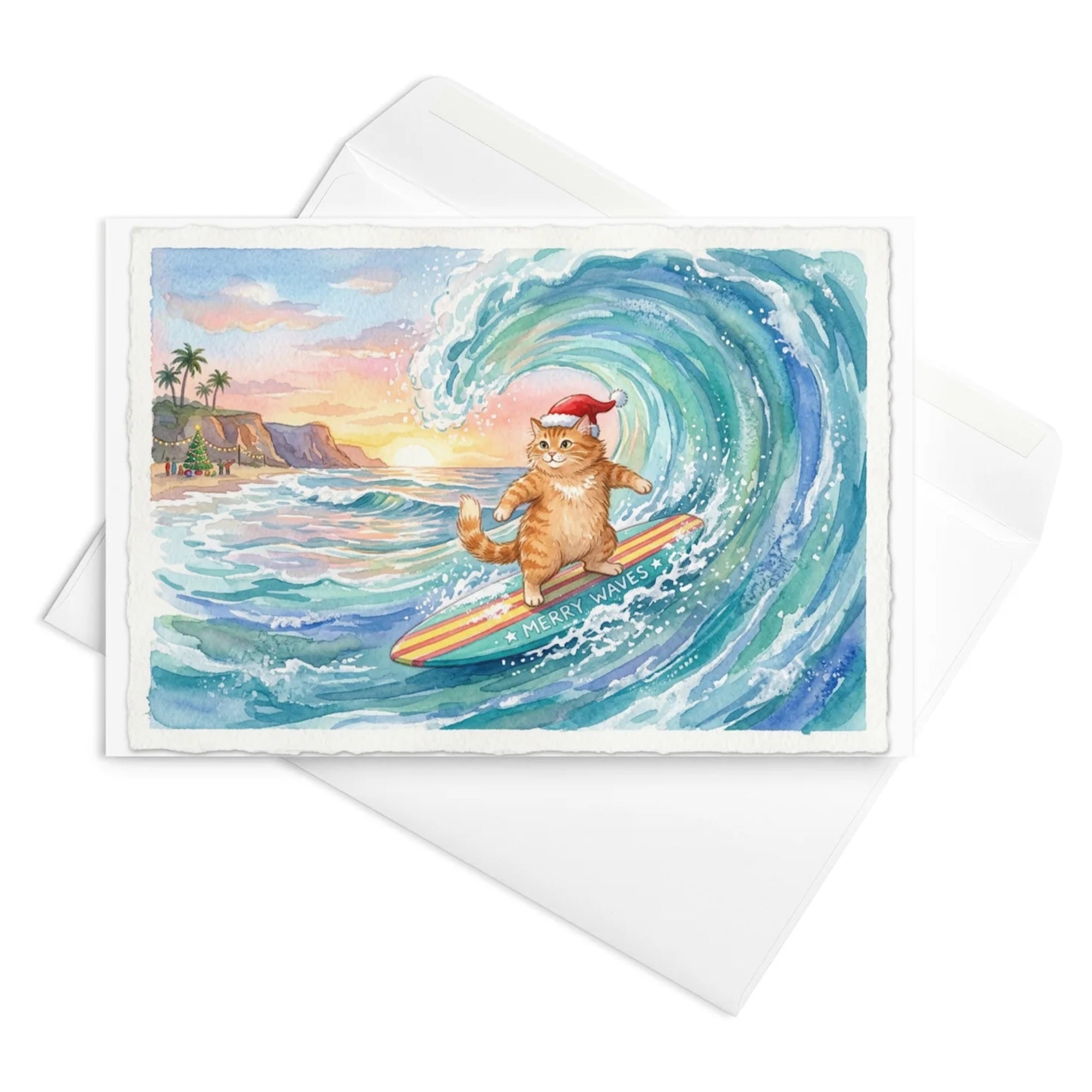 Christmas Card - Surfing Fat Cat in Santa Hat