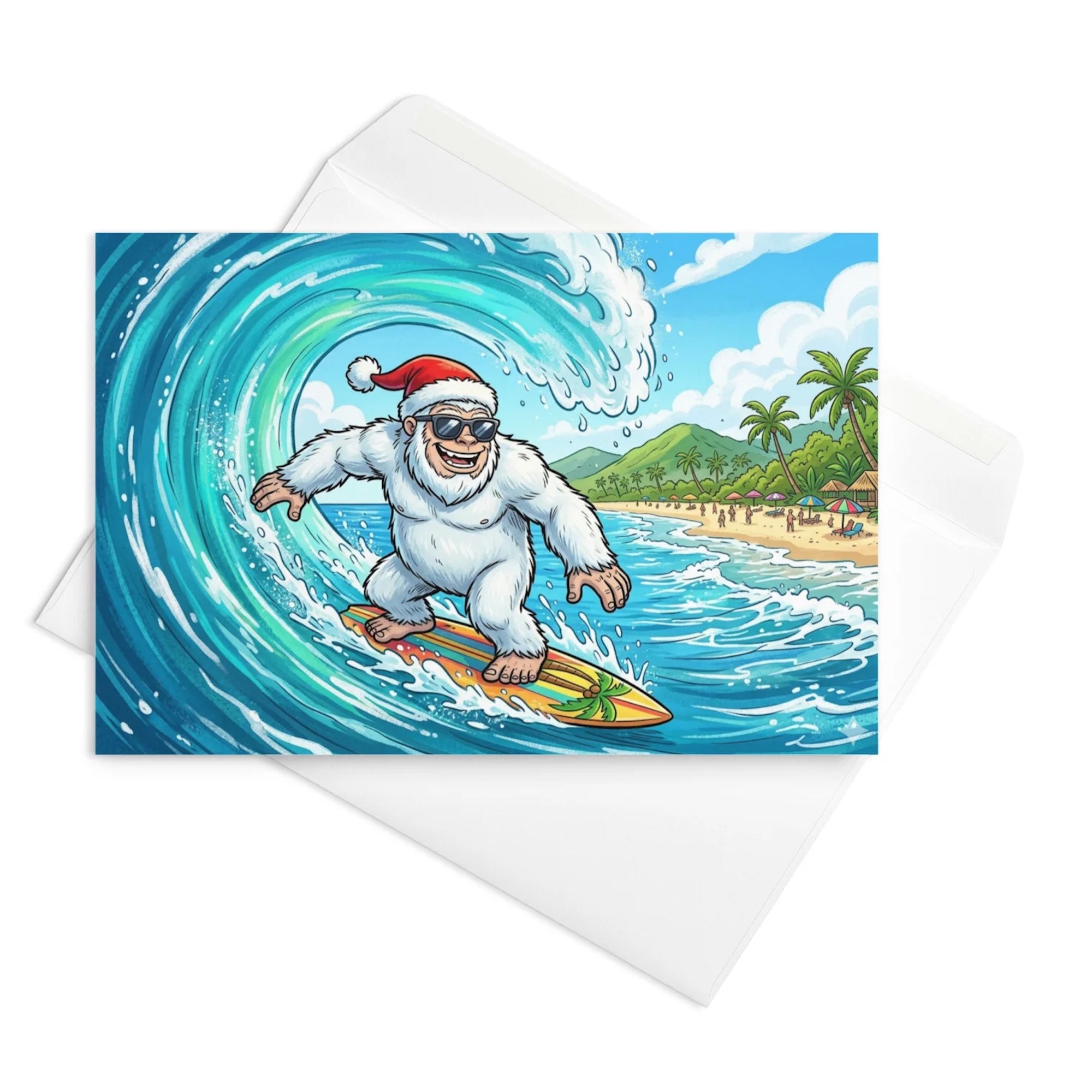 Christmas Card - Surfing Yeti in Santa Hat