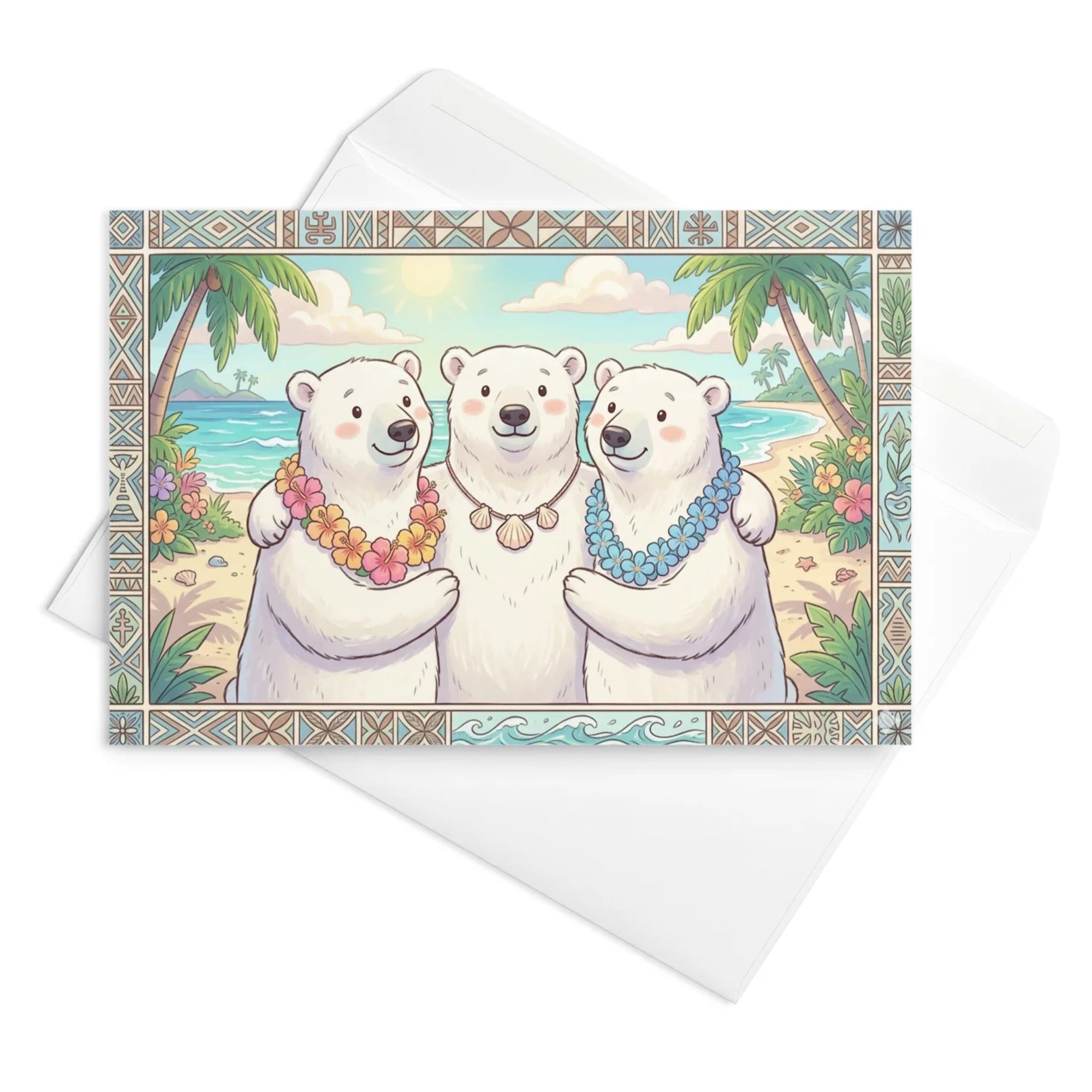 Christmas Card - Three Polar Bears Share Beach Christmas