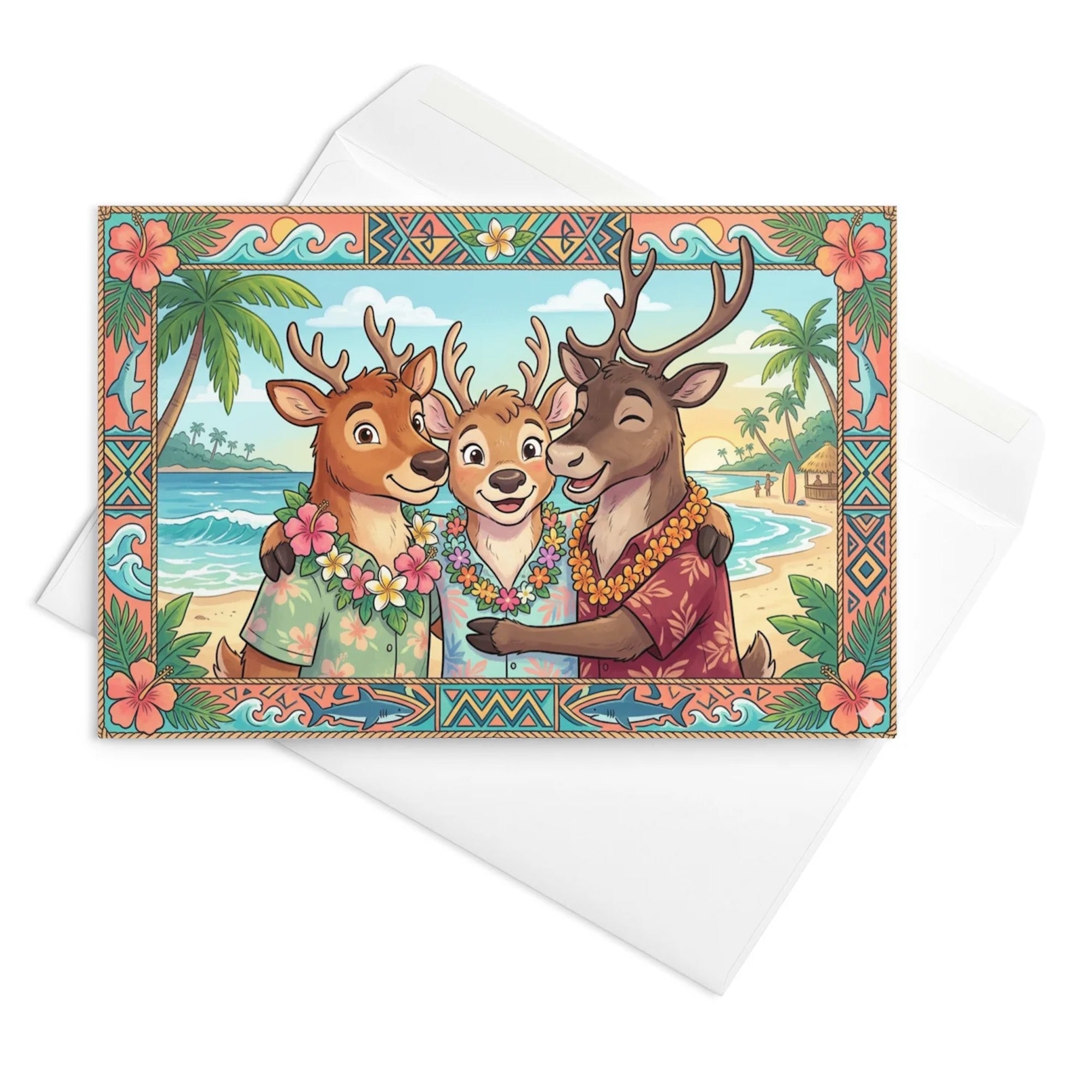 Christmas Card - Three Reindeer at a Tropical Beach