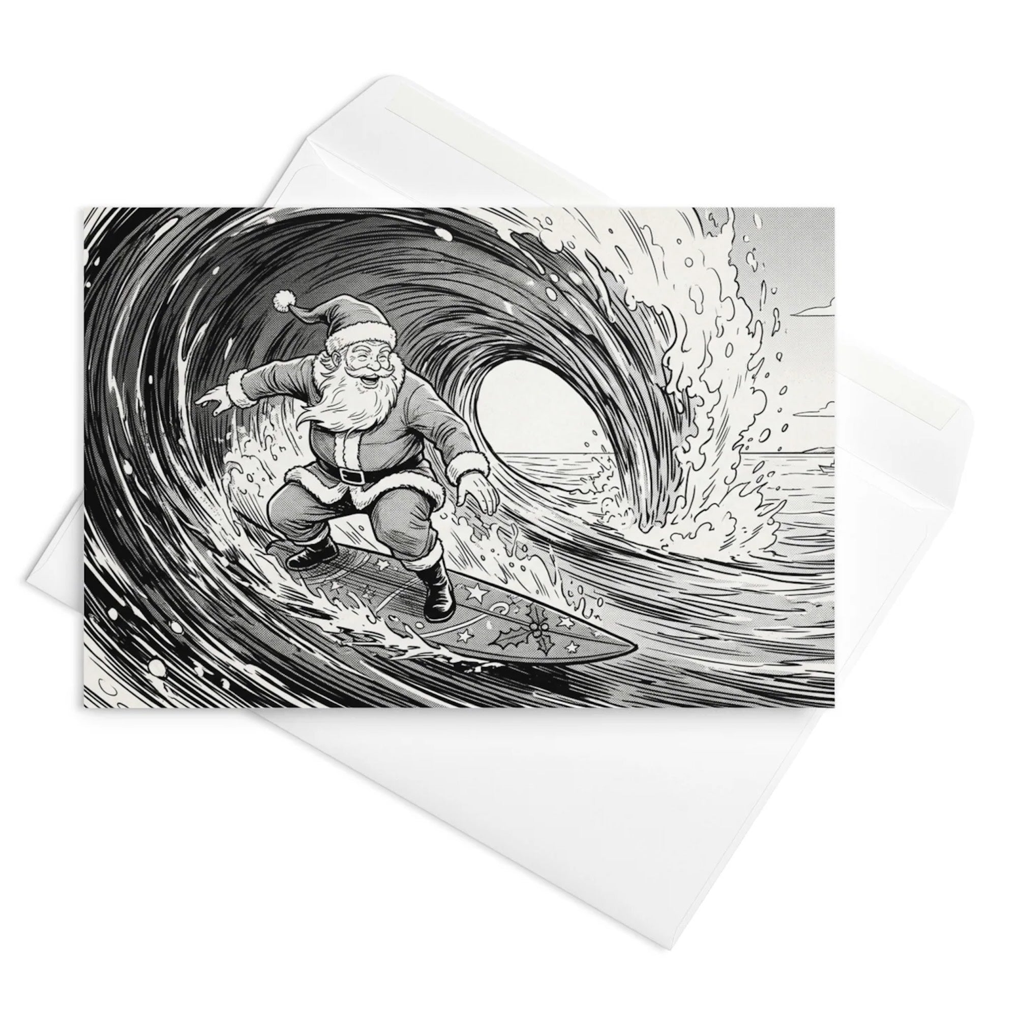 Christmas Card - Santa Surfs a Huge Barrel Wave