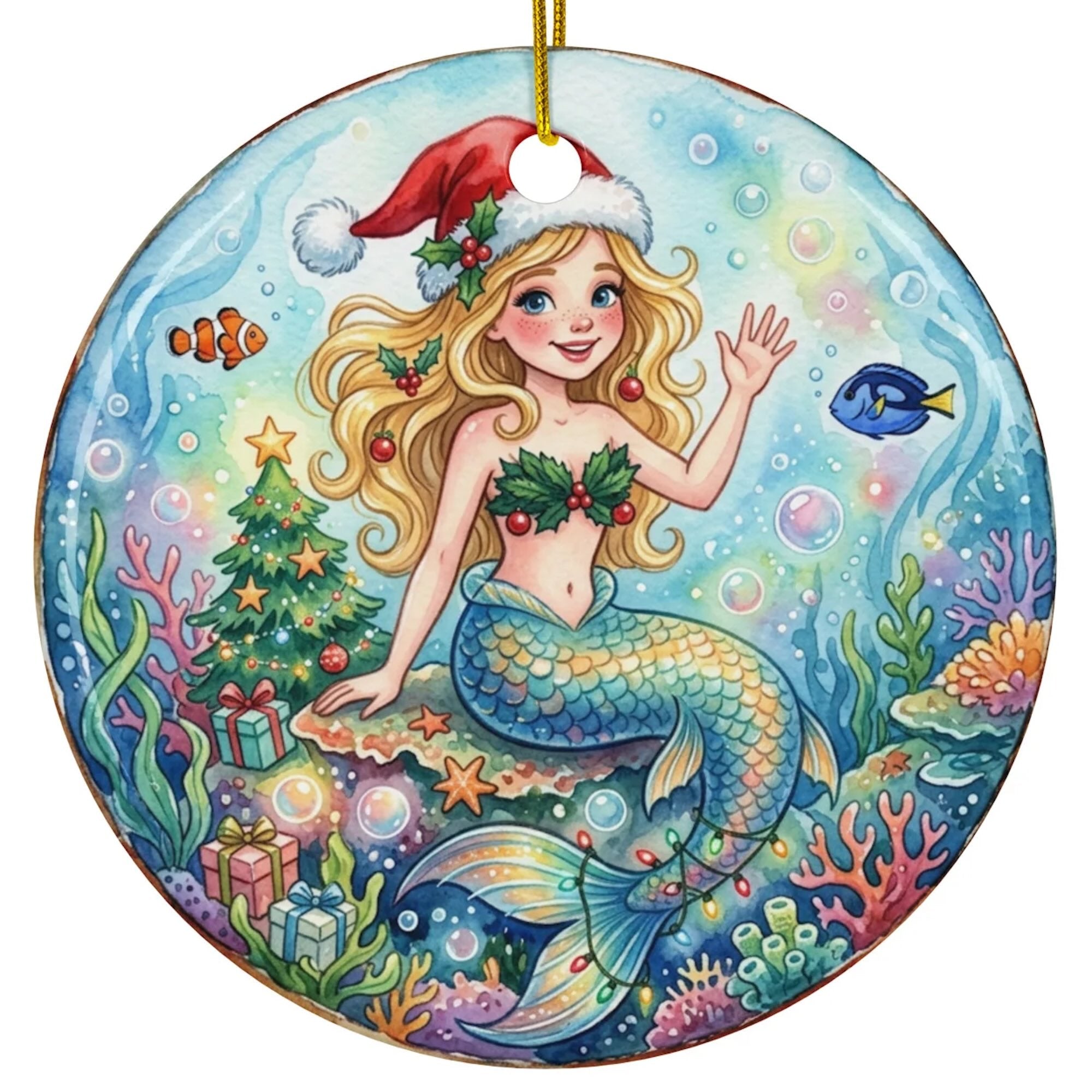 Christmas Ornament - Blonde Mermaid in Santa Hat