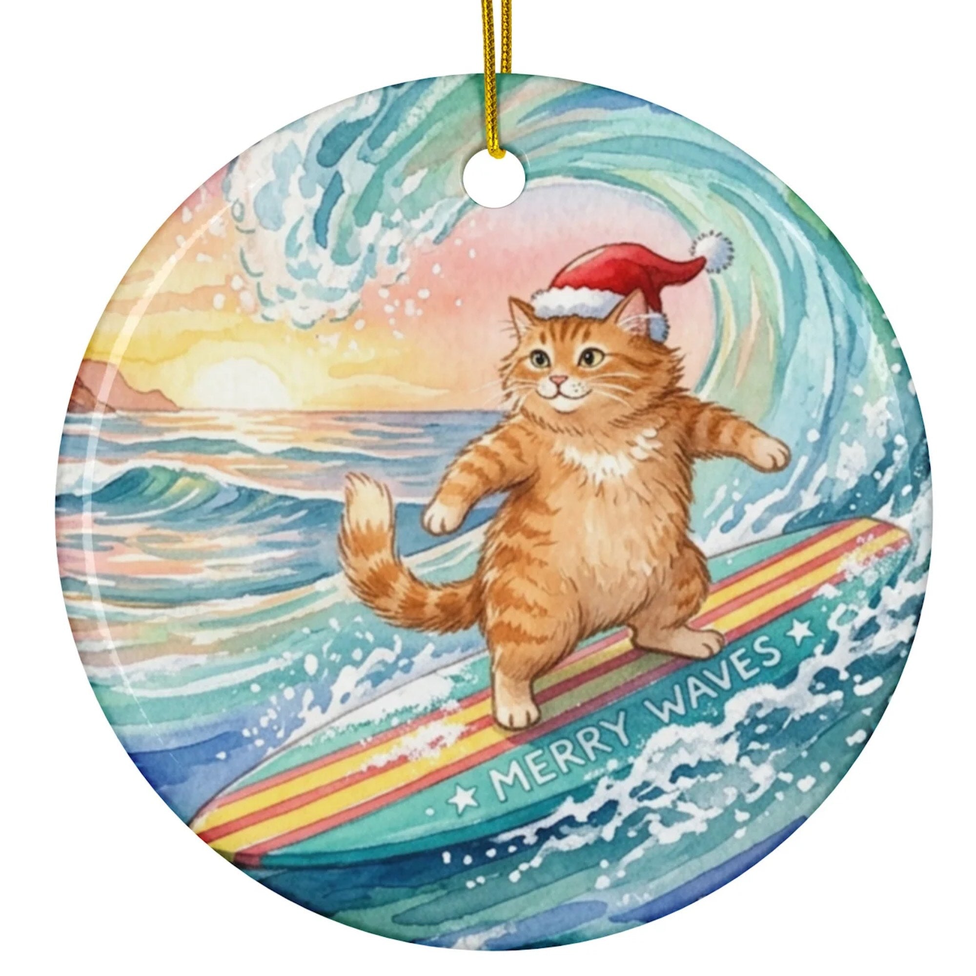 Christmas Ornament - Christmas Cat Catches a Wave