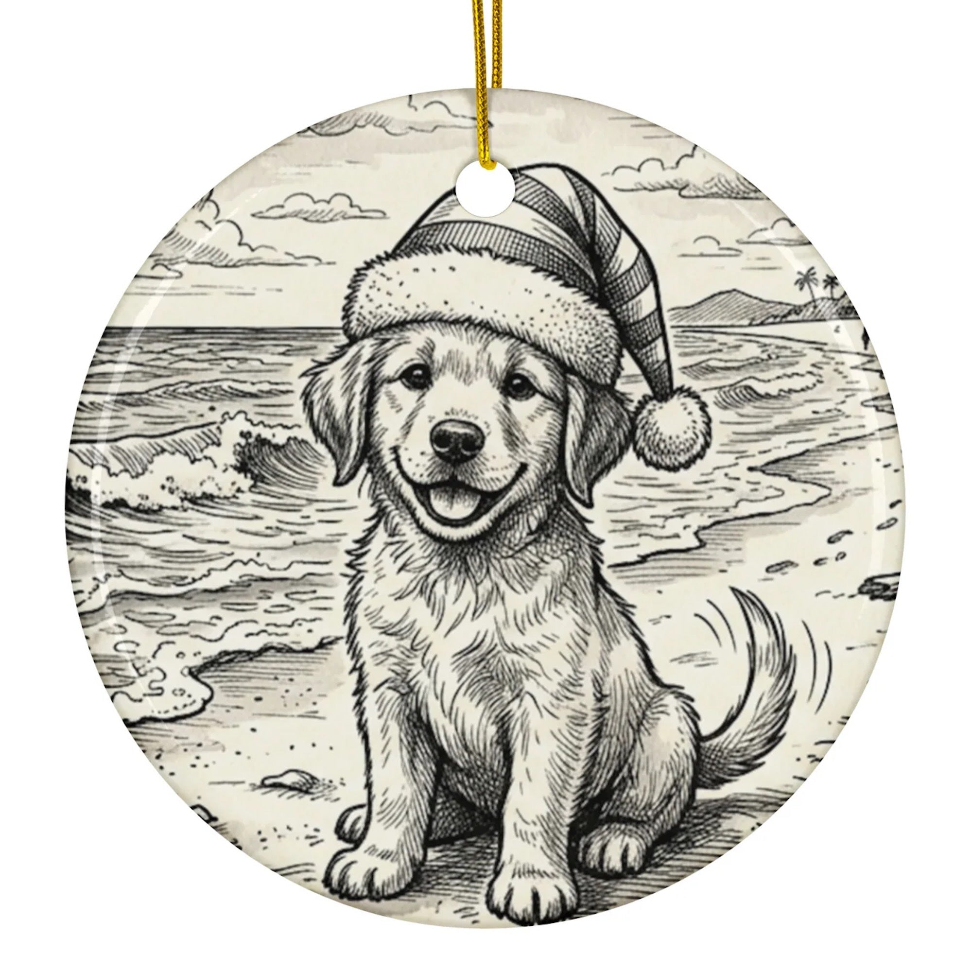 Christmas Ornament - Beach Puppy in Santa Hat
