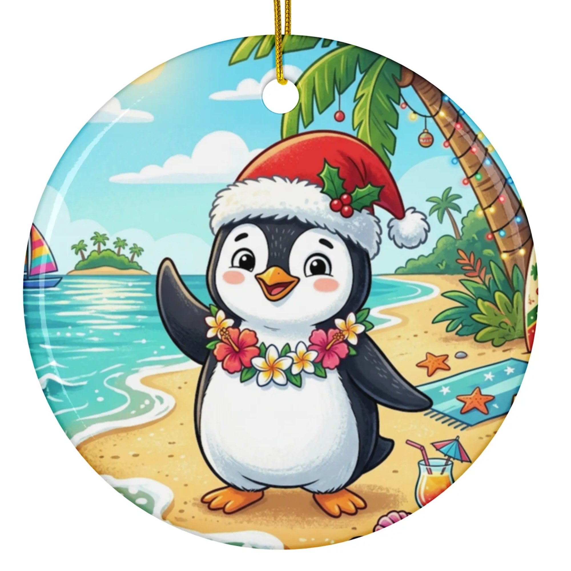 Christmas Ornament - Christmas Penguin at the Beach