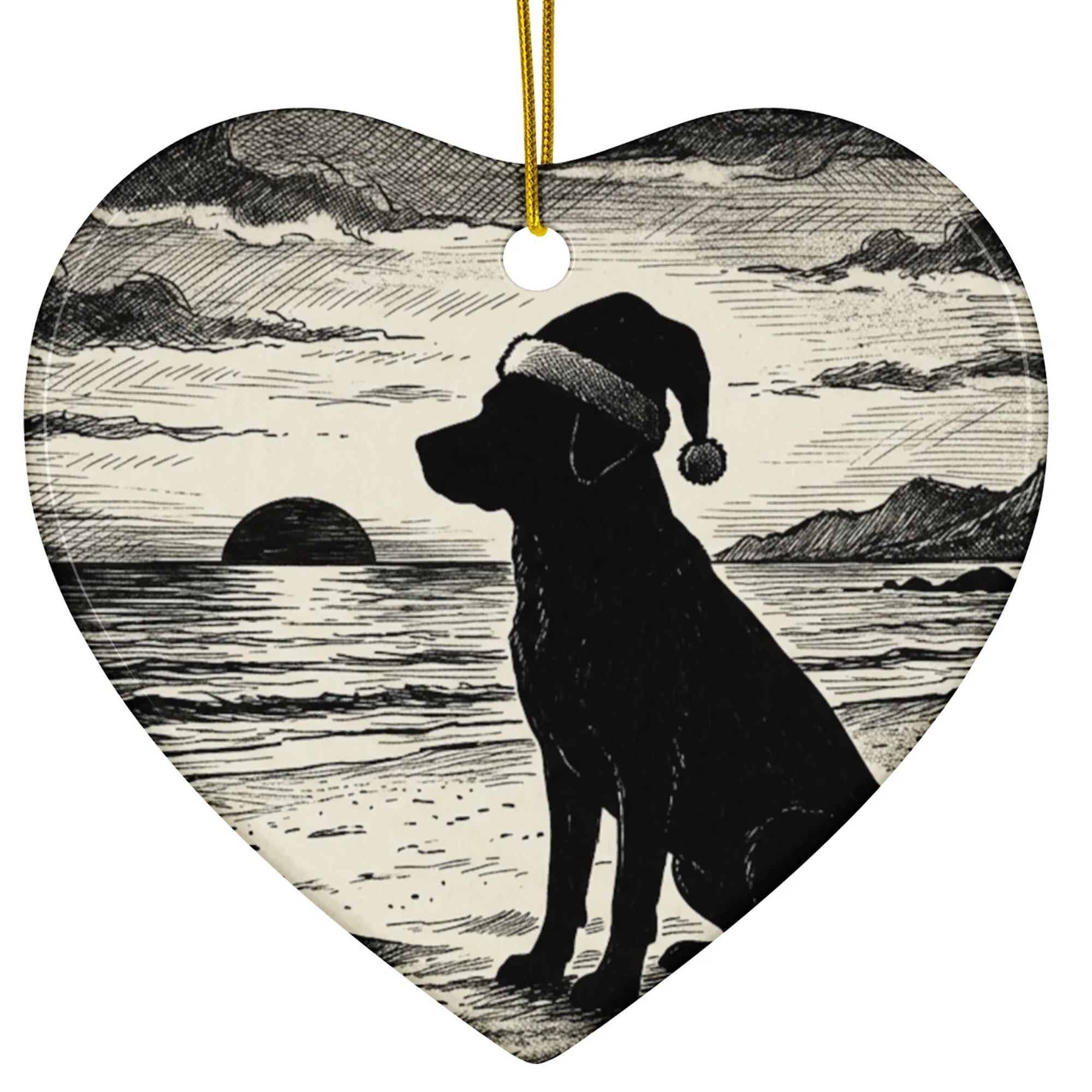 Christmas Ornament - Dog at Beach in Santa Hat