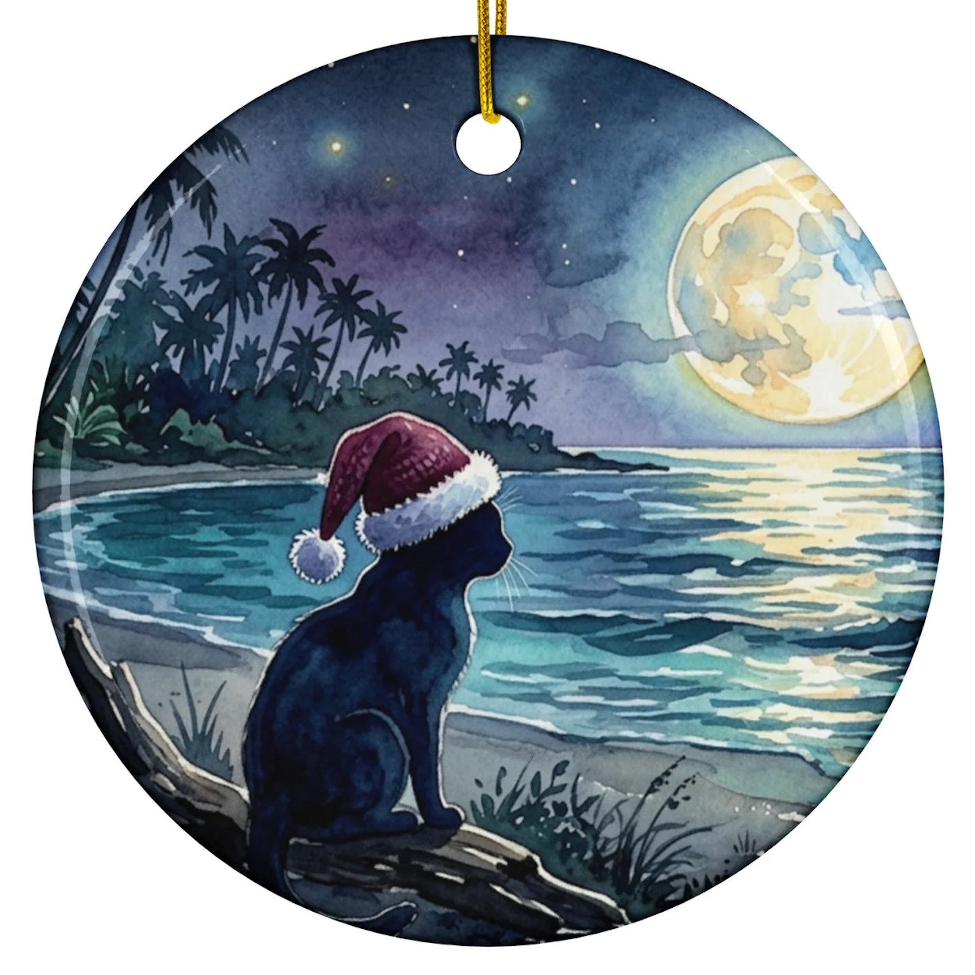 Christmas Ornament - Nighttime Beach Christmas Cat